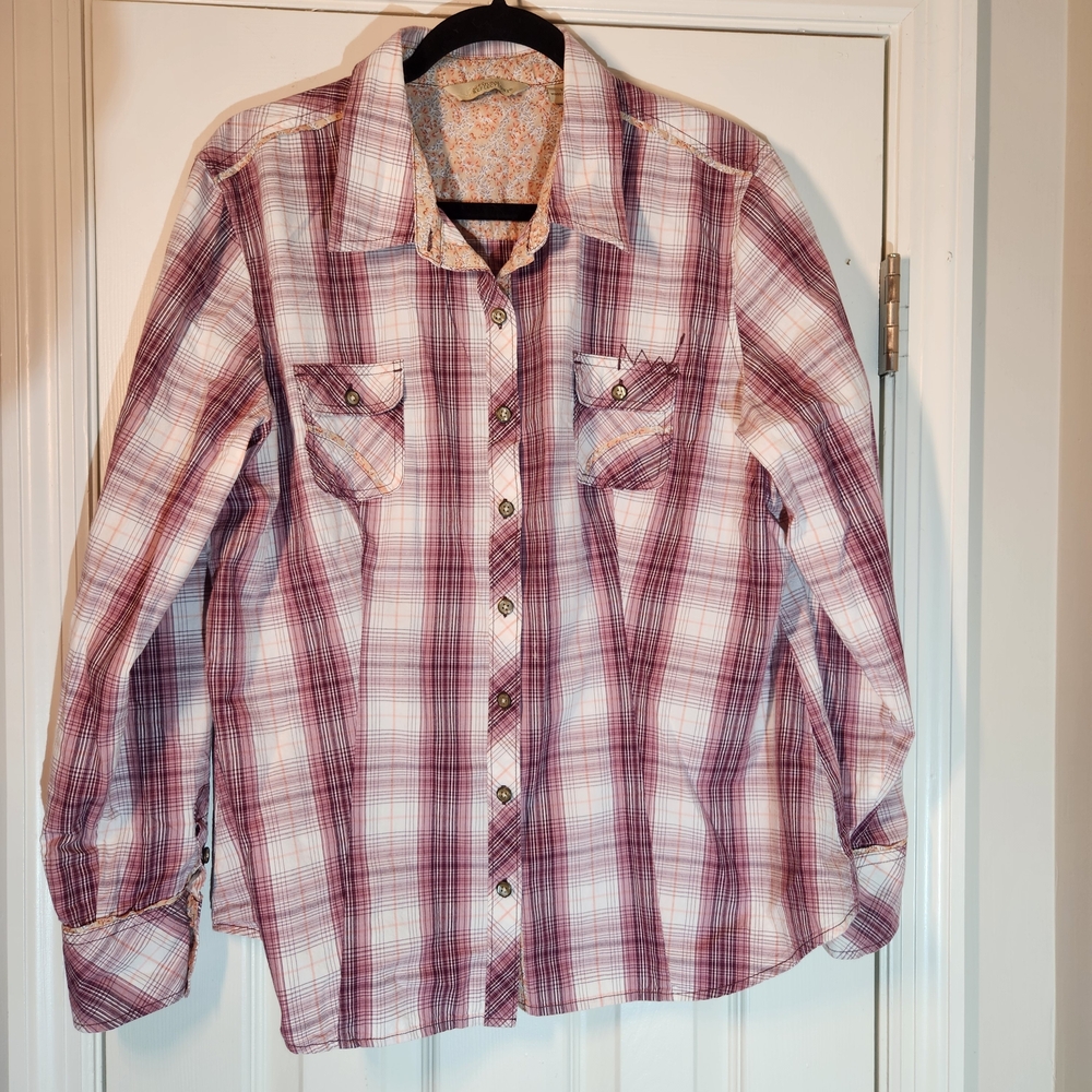 Natural Reflections Pink Berry Mauve Plaid Button Up Blouse - Womens Size 1X